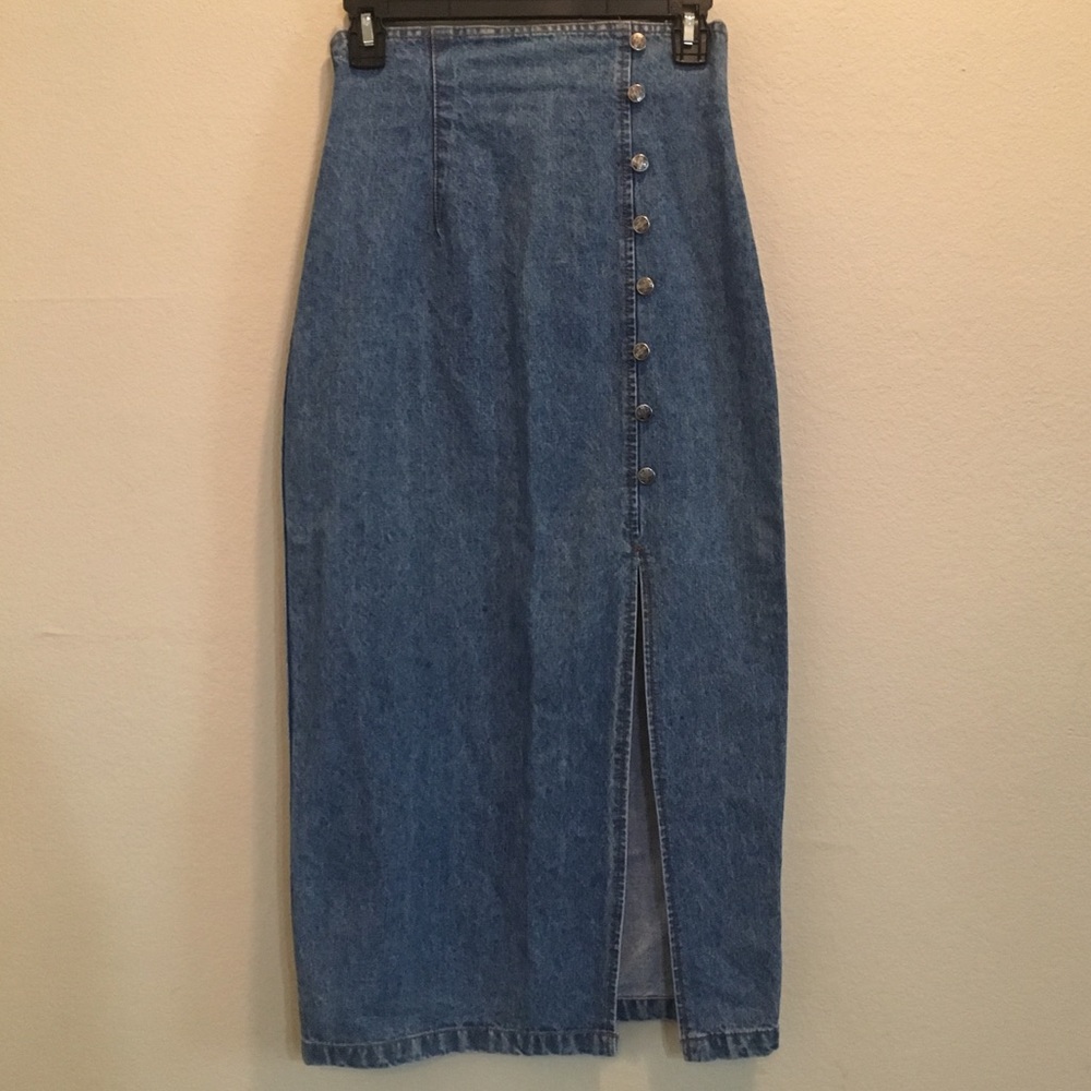 Vintage Super High Waist Denim Button Pencil Midi Skirt
